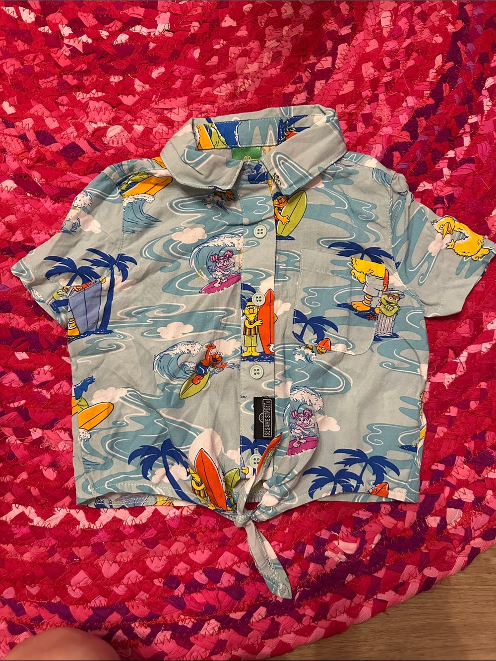 Sesame Street toddler girl Surf Print Tie-Front Button Shirt in Light Blue 3T